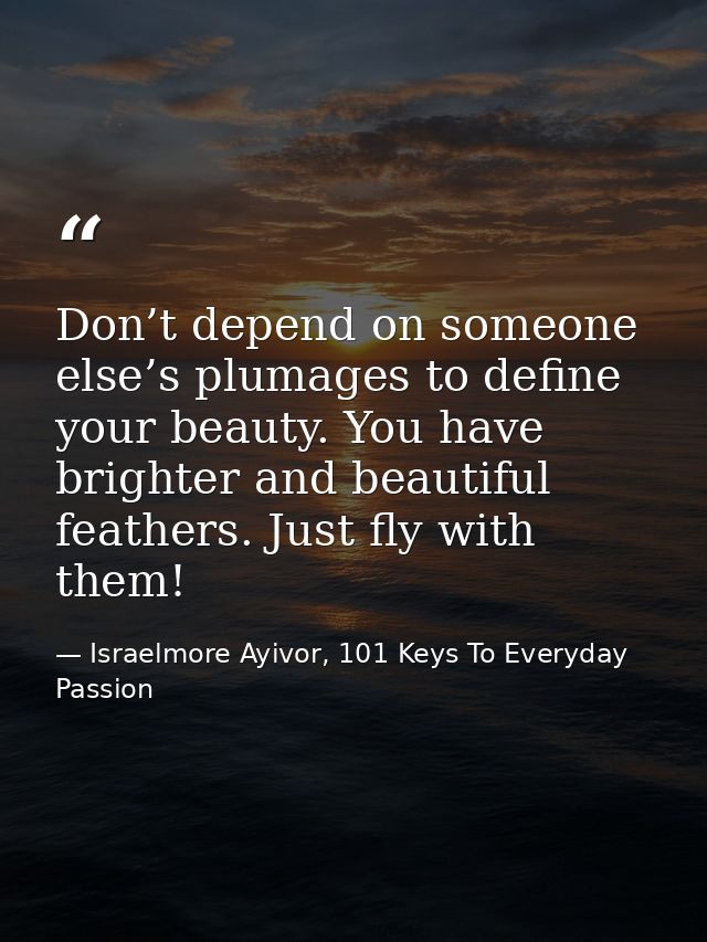 Don’t depend on someone else’s plumages to define your beauty. You have brighter and beautiful feathers. Just fly with t — Israelmore Ayivor, 101 Keys To Everyday Passion