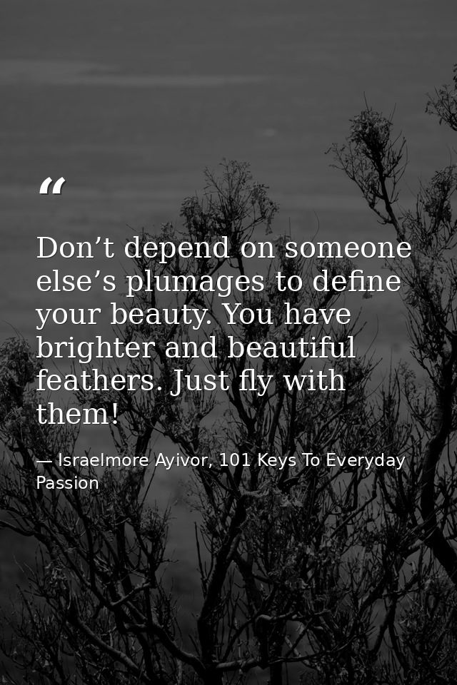 Don’t depend on someone else’s plumages to define your beauty. You have brighter and beautiful feathers. Just fly with t — Israelmore Ayivor, 101 Keys To Everyday Passion