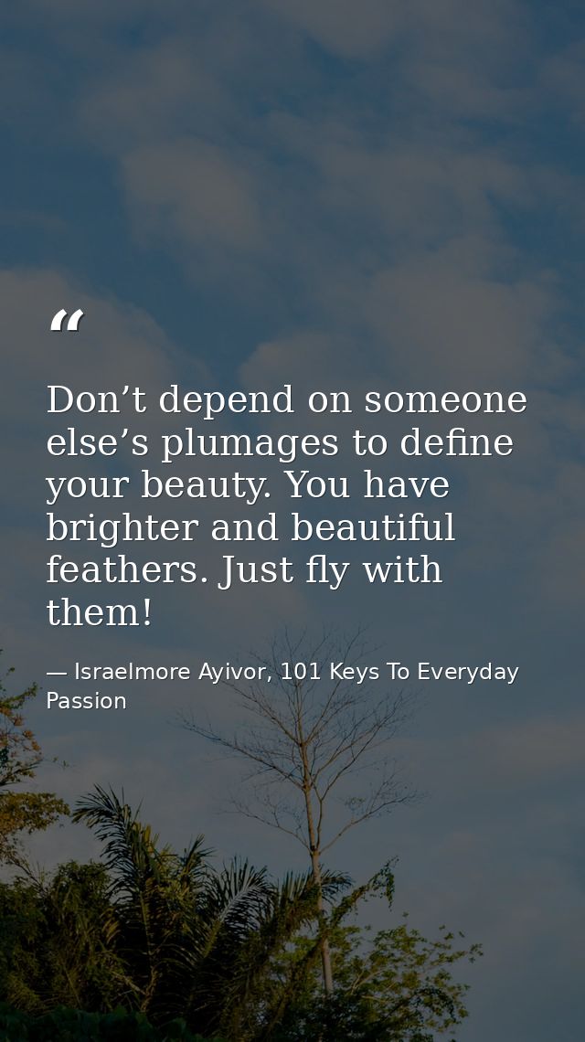 Don’t depend on someone else’s plumages to define your beauty. You have brighter and beautiful feathers. Just fly with t — Israelmore Ayivor, 101 Keys To Everyday Passion