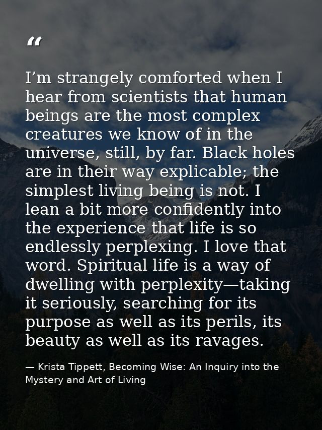 I’m strangely comforted when I hear from scientists that human beings are the most complex creatures we know of in the u — Krista Tippett, Becoming Wise: An Inquiry into the Mystery and Art of Living