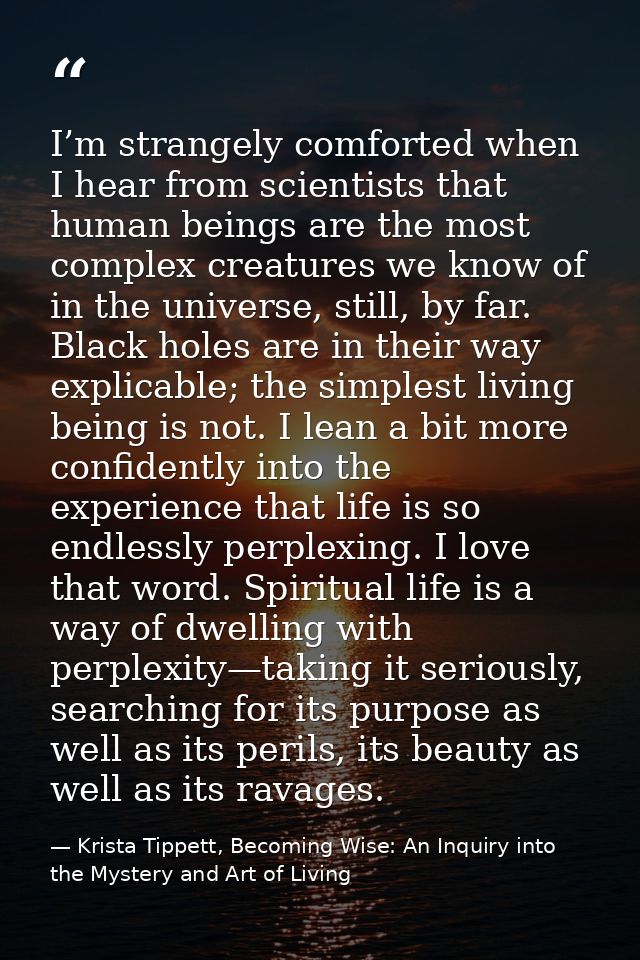 I’m strangely comforted when I hear from scientists that human beings are the most complex creatures we know of in the u — Krista Tippett, Becoming Wise: An Inquiry into the Mystery and Art of Living