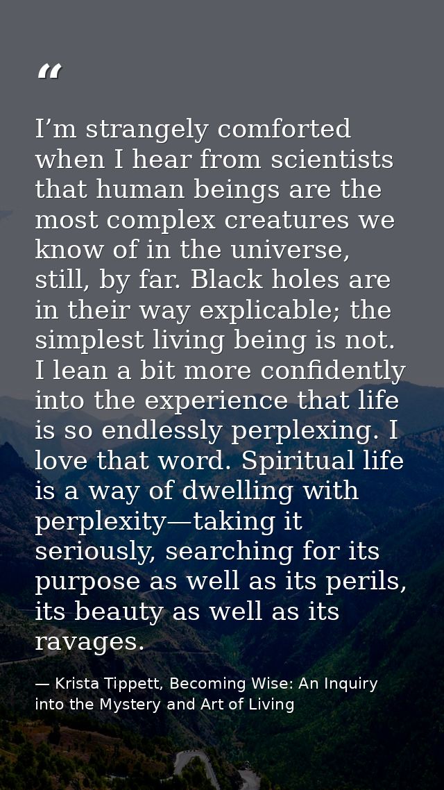 I’m strangely comforted when I hear from scientists that human beings are the most complex creatures we know of in the u — Krista Tippett, Becoming Wise: An Inquiry into the Mystery and Art of Living