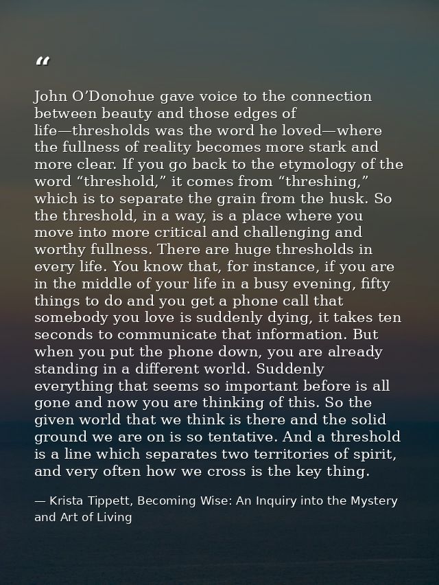 John O’Donohue gave voice to the connection between beauty and those edges of life—thresholds was the word he loved—wher — Krista Tippett, Becoming Wise: An Inquiry into the Mystery and Art of Living