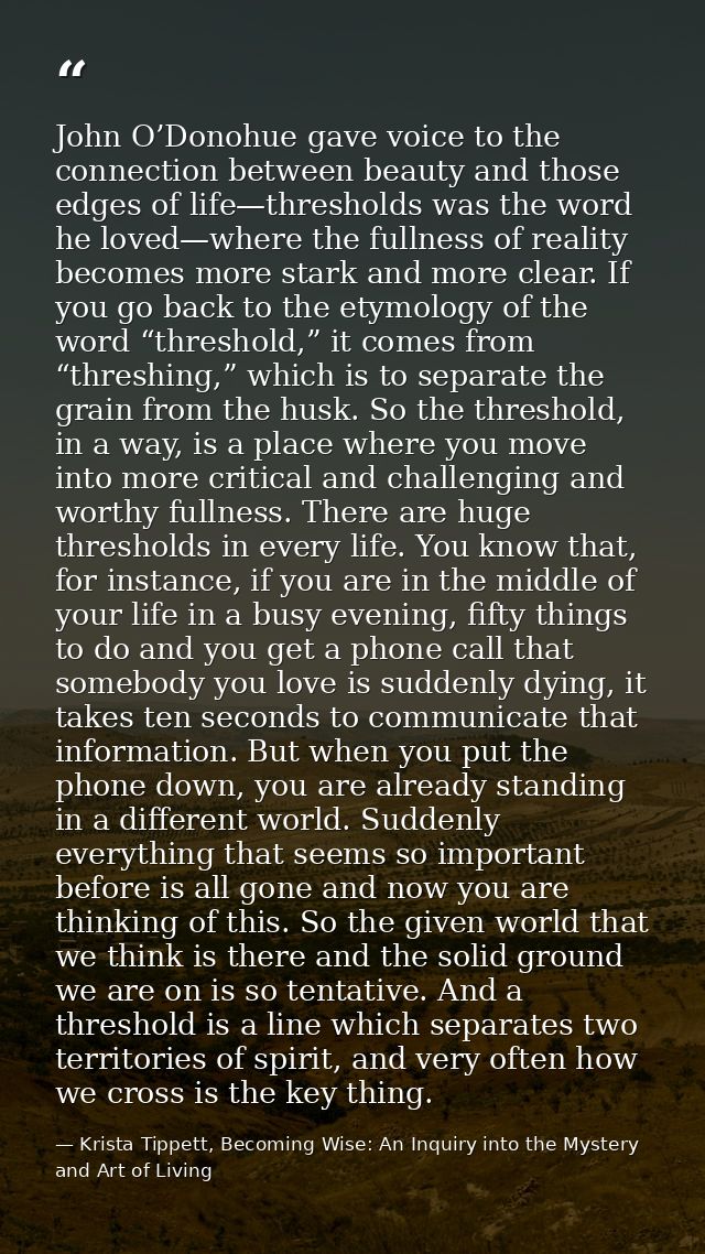 John O’Donohue gave voice to the connection between beauty and those edges of life—thresholds was the word he loved—wher — Krista Tippett, Becoming Wise: An Inquiry into the Mystery and Art of Living