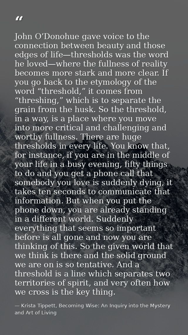 John O’Donohue gave voice to the connection between beauty and those edges of life—thresholds was the word he loved—wher — Krista Tippett, Becoming Wise: An Inquiry into the Mystery and Art of Living