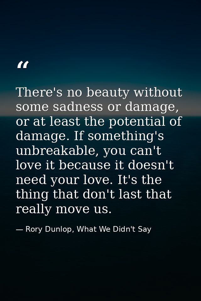 There's no beauty without some sadness or damage, or at least the potential of damage. If something's unbreakable, you c — Rory Dunlop, What We Didn't Say