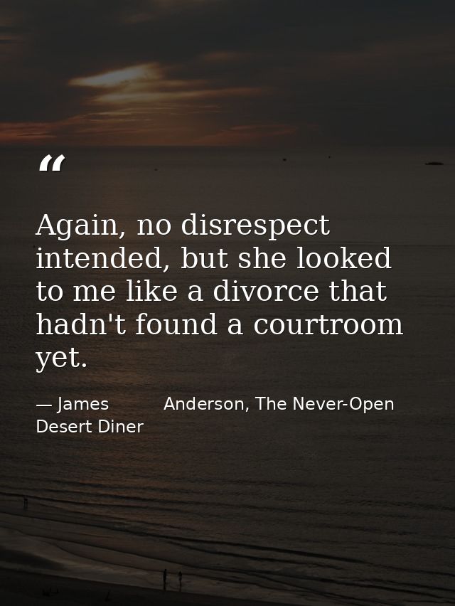 Again, no disrespect intended, but she looked to me like a divorce that hadn't found a courtroom yet. — James          Anderson, The Never-Open Desert Diner
