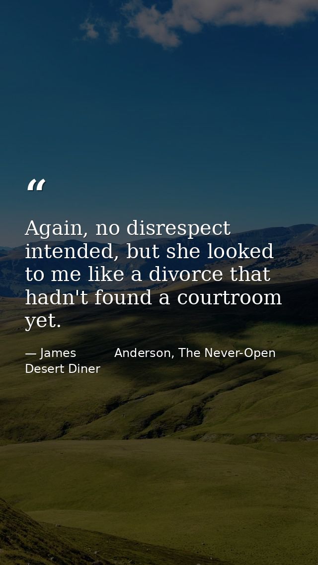 Again, no disrespect intended, but she looked to me like a divorce that hadn't found a courtroom yet. — James          Anderson, The Never-Open Desert Diner