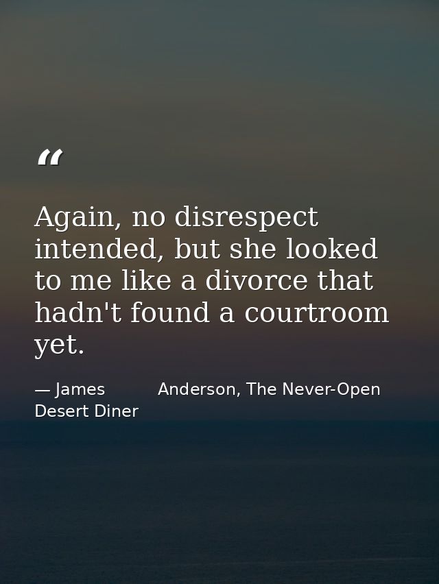 Again, no disrespect intended, but she looked to me like a divorce that hadn't found a courtroom yet. — James          Anderson, The Never-Open Desert Diner