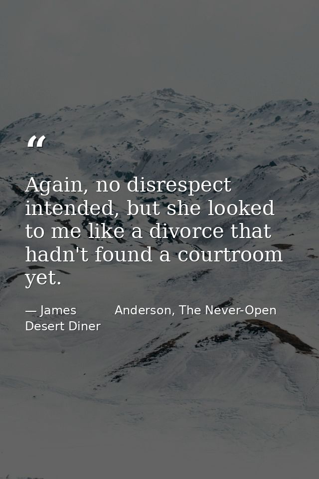 Again, no disrespect intended, but she looked to me like a divorce that hadn't found a courtroom yet. — James          Anderson, The Never-Open Desert Diner