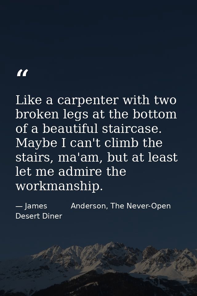 Like a carpenter with two broken legs at the bottom of a beautiful staircase. Maybe I can't climb the stairs, ma'am, but — James          Anderson, The Never-Open Desert Diner