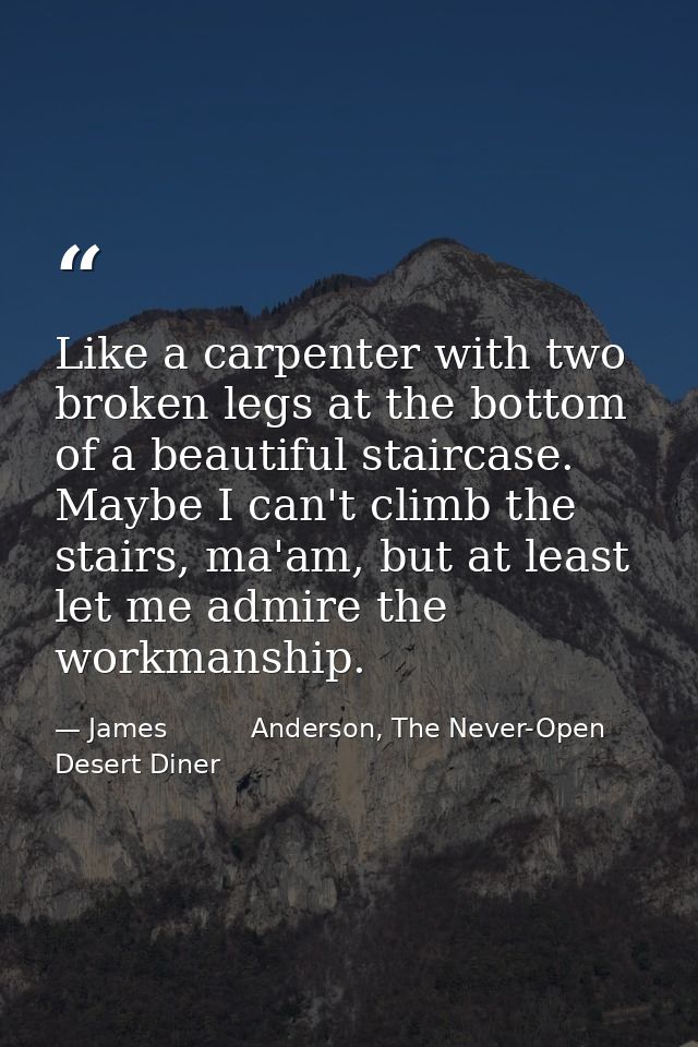 Like a carpenter with two broken legs at the bottom of a beautiful staircase. Maybe I can't climb the stairs, ma'am, but — James          Anderson, The Never-Open Desert Diner