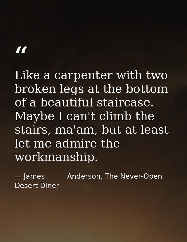 Like a carpenter with two broken legs at the bottom of a beautiful staircase. Maybe I can't climb the stairs, ma'am, but — James          Anderson, The Never-Open Desert Diner