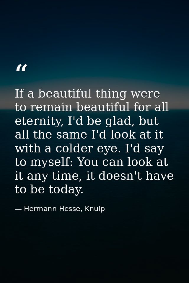 If a beautiful thing were to remain beautiful for all eternity, I'd be glad, but all the same I'd look at it with a cold — Hermann Hesse, Knulp