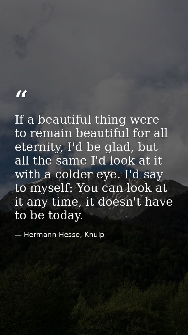 If a beautiful thing were to remain beautiful for all eternity, I'd be glad, but all the same I'd look at it with a cold — Hermann Hesse, Knulp