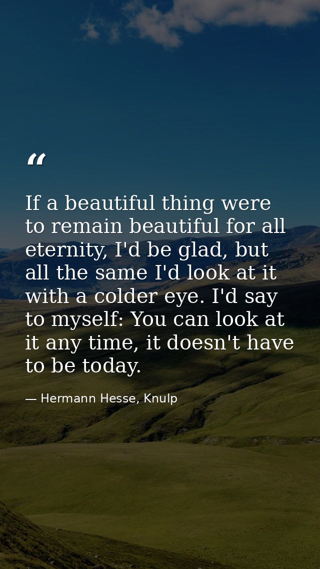 If a beautiful thing were to remain beautiful for all eternity, I'd be glad, but all the same I'd look at it with a cold — Hermann Hesse, Knulp