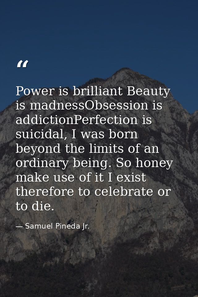 Power is brilliant Beauty is madnessObsession is addictionPerfection is suicidal, I was born beyond the limits of an ord — Samuel Pineda Jr.
