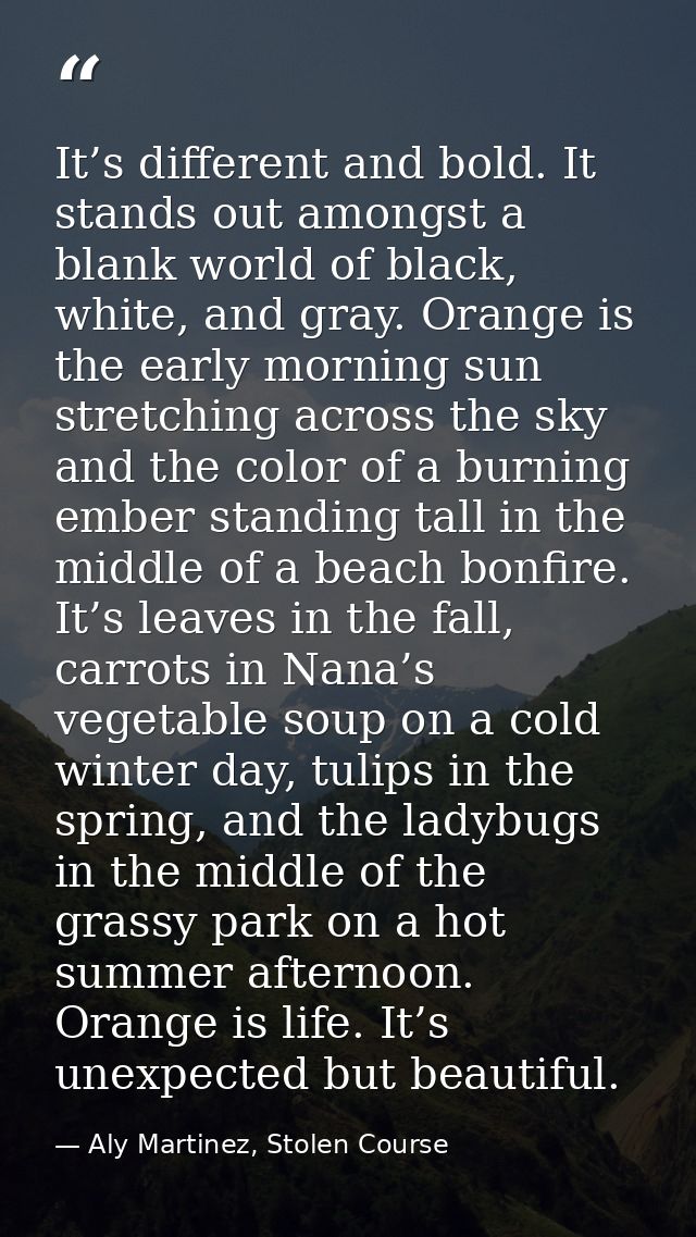 It’s different and bold. It stands out amongst a blank world of black, white, and gray. Orange is the early morning sun  — Aly Martinez, Stolen Course