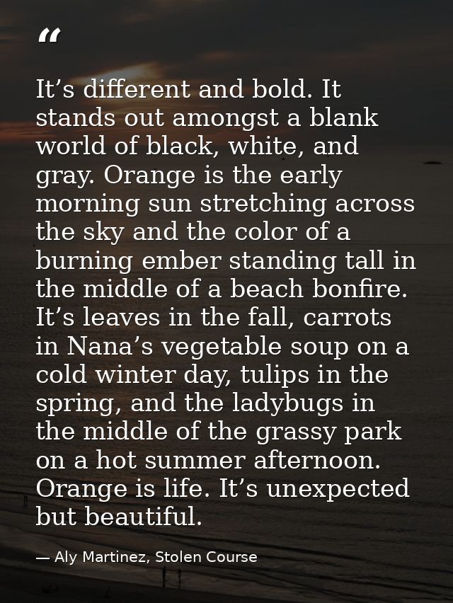 It’s different and bold. It stands out amongst a blank world of black, white, and gray. Orange is the early morning sun  — Aly Martinez, Stolen Course