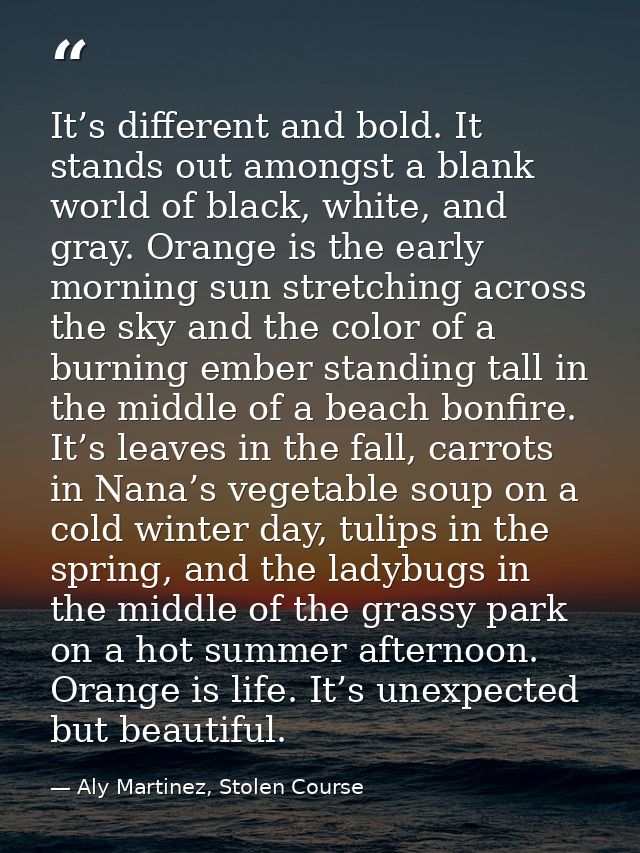 It’s different and bold. It stands out amongst a blank world of black, white, and gray. Orange is the early morning sun  — Aly Martinez, Stolen Course
