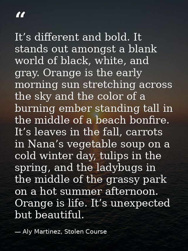 It’s different and bold. It stands out amongst a blank world of black, white, and gray. Orange is the early morning sun  — Aly Martinez, Stolen Course