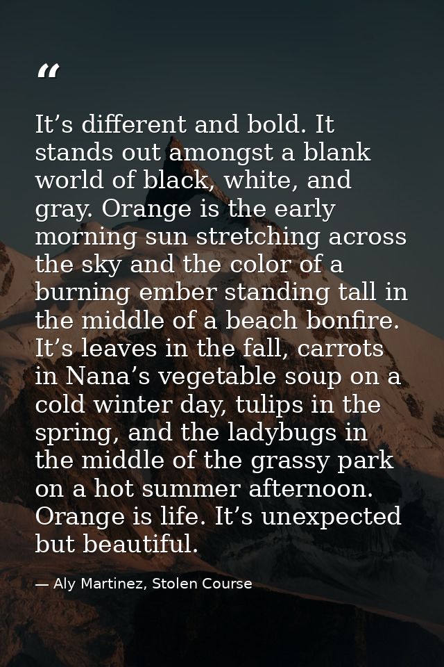 It’s different and bold. It stands out amongst a blank world of black, white, and gray. Orange is the early morning sun  — Aly Martinez, Stolen Course