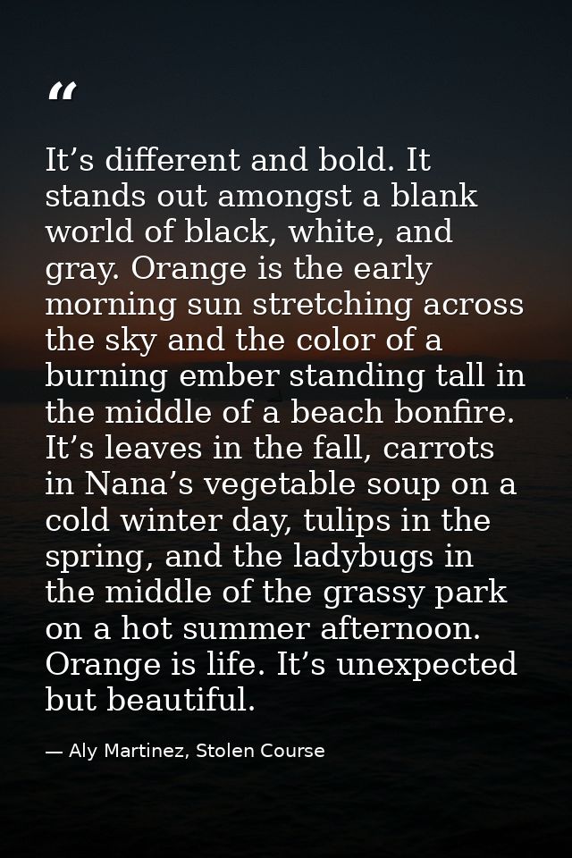 It’s different and bold. It stands out amongst a blank world of black, white, and gray. Orange is the early morning sun  — Aly Martinez, Stolen Course