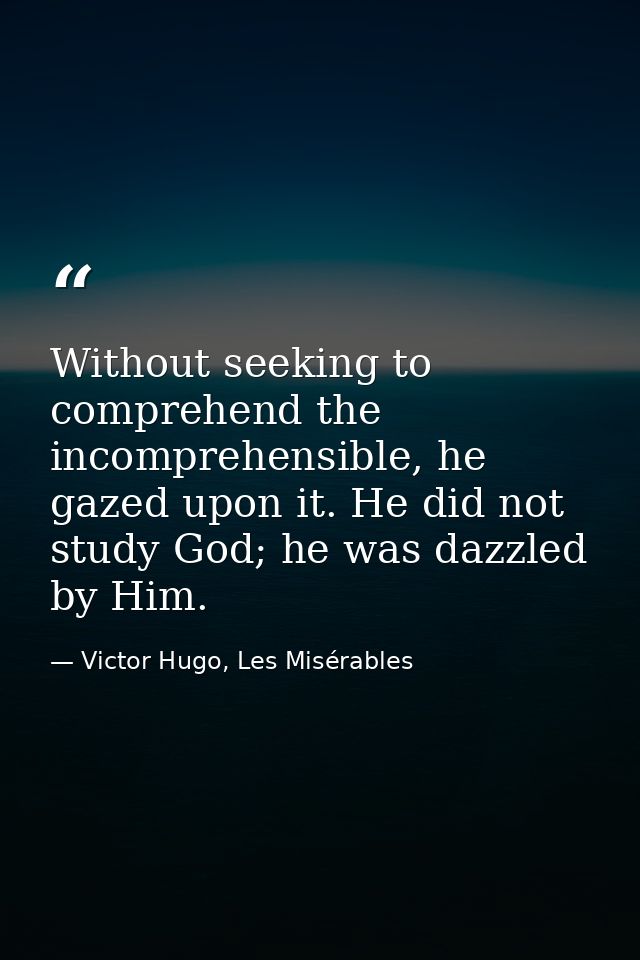 Without seeking to comprehend the incomprehensible, he gazed upon it. He did not study God; he was dazzled by Him. — Victor Hugo, Les Misérables