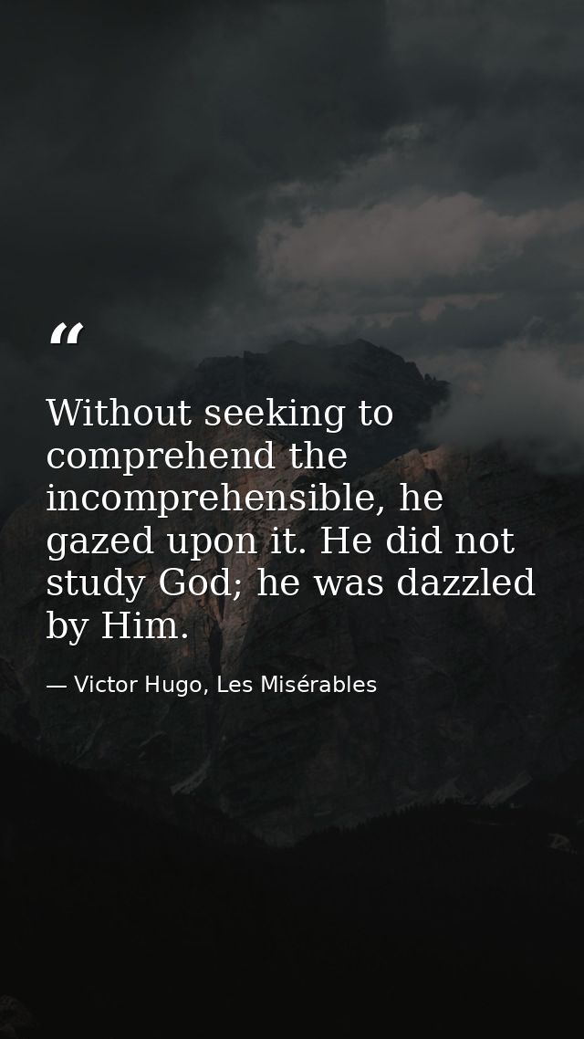 Without seeking to comprehend the incomprehensible, he gazed upon it. He did not study God; he was dazzled by Him. — Victor Hugo, Les Misérables