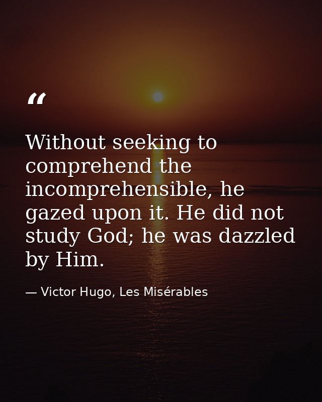 Without seeking to comprehend the incomprehensible, he gazed upon it. He did not study God; he was dazzled by Him. — Victor Hugo, Les Misérables
