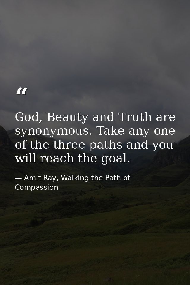 God, Beauty and Truth are synonymous. Take any one of the three paths and you will reach the goal. — Amit Ray, Walking the Path of Compassion