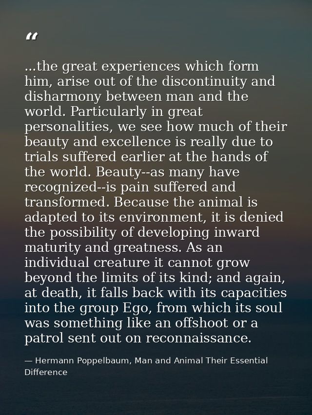 ...the great experiences which form him, arise out of the discontinuity and disharmony between man and the world. Partic — Hermann Poppelbaum, Man and Animal Their Essential Difference
