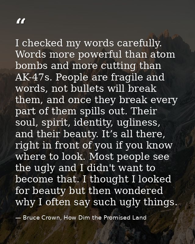 I checked my words carefully. Words more powerful than atom bombs and more cutting than AK-47s. People are fragile and w — Bruce Crown, How Dim the Promised Land