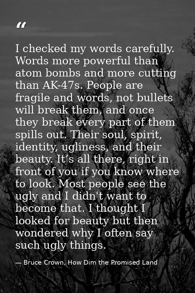I checked my words carefully. Words more powerful than atom bombs and more cutting than AK-47s. People are fragile and w — Bruce Crown, How Dim the Promised Land