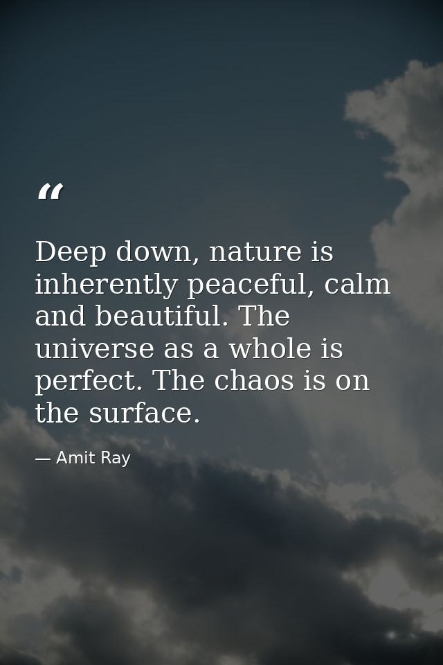Deep down, nature is inherently peaceful, calm and beautiful. The universe as a whole is perfect. The chaos is on the su — Amit Ray