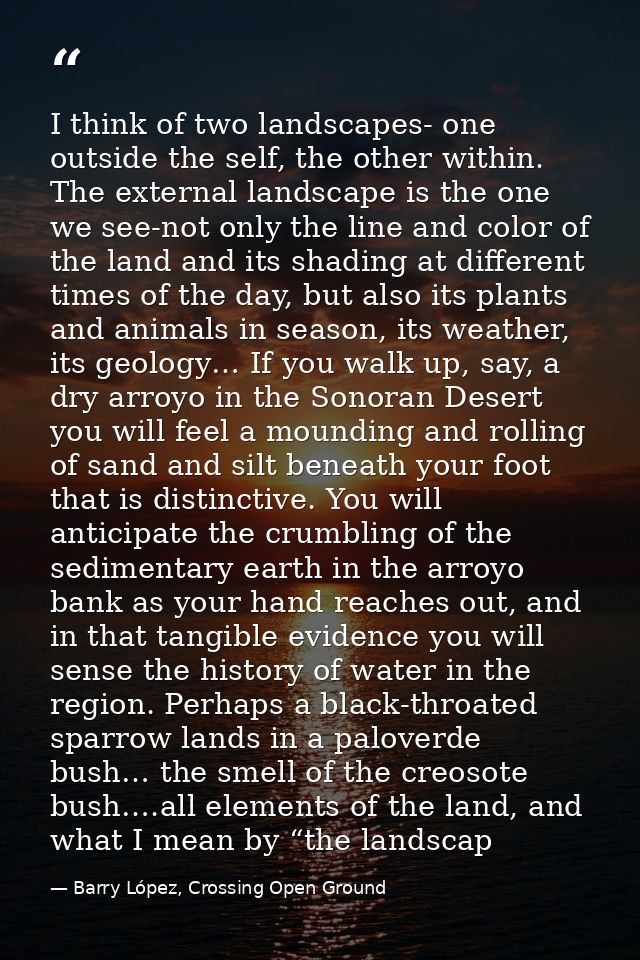 I think of two landscapes- one outside the self, the other within. The external landscape is the one we see-not only the — Barry López, Crossing Open Ground