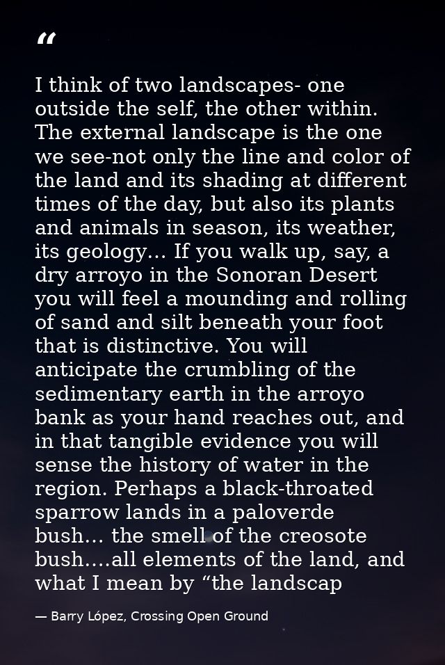 I think of two landscapes- one outside the self, the other within. The external landscape is the one we see-not only the — Barry López, Crossing Open Ground