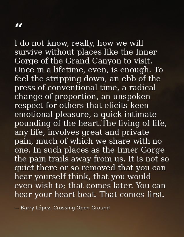 I do not know, really, how we will survive without places like the Inner Gorge of the Grand Canyon to visit. Once in a l — Barry López, Crossing Open Ground