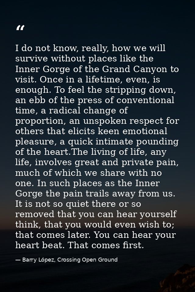 I do not know, really, how we will survive without places like the Inner Gorge of the Grand Canyon to visit. Once in a l — Barry López, Crossing Open Ground