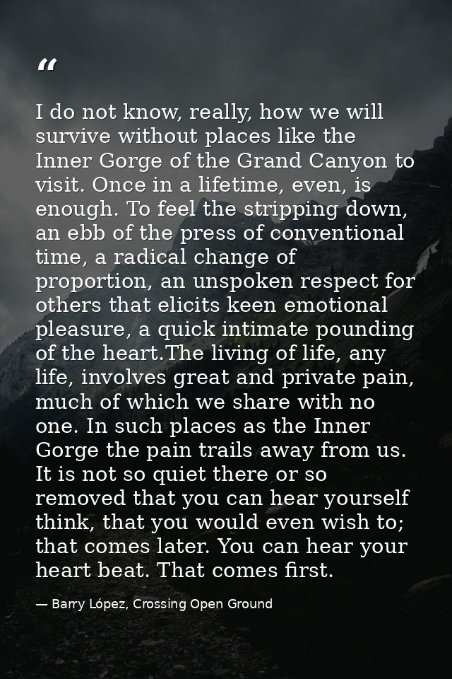 I do not know, really, how we will survive without places like the Inner Gorge of the Grand Canyon to visit. Once in a l — Barry López, Crossing Open Ground