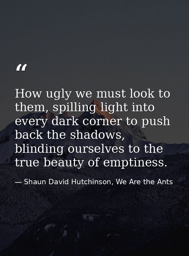 How ugly we must look to them, spilling light into every dark corner to push back the shadows, blinding ourselves to the — Shaun David Hutchinson, We Are the Ants