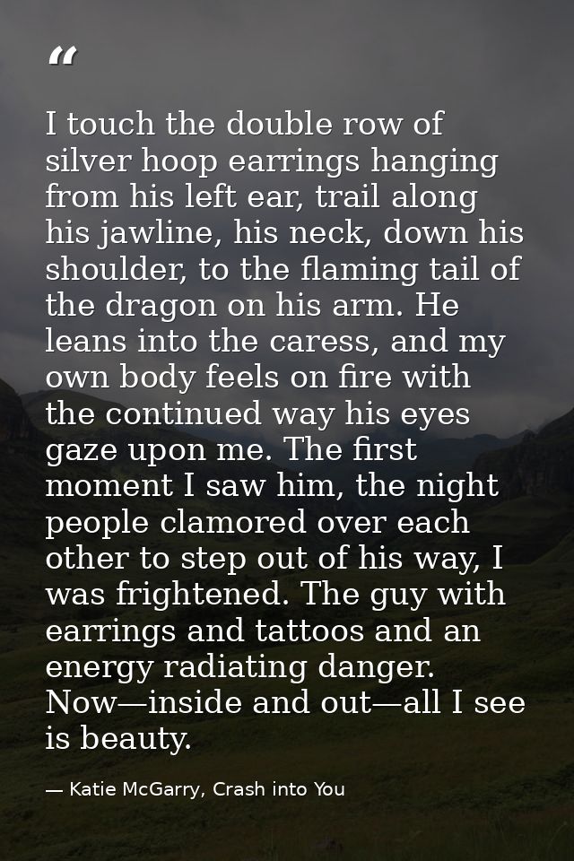 I touch the double row of silver hoop earrings hanging from his left ear, trail along his jawline, his neck, down his sh — Katie McGarry, Crash into You