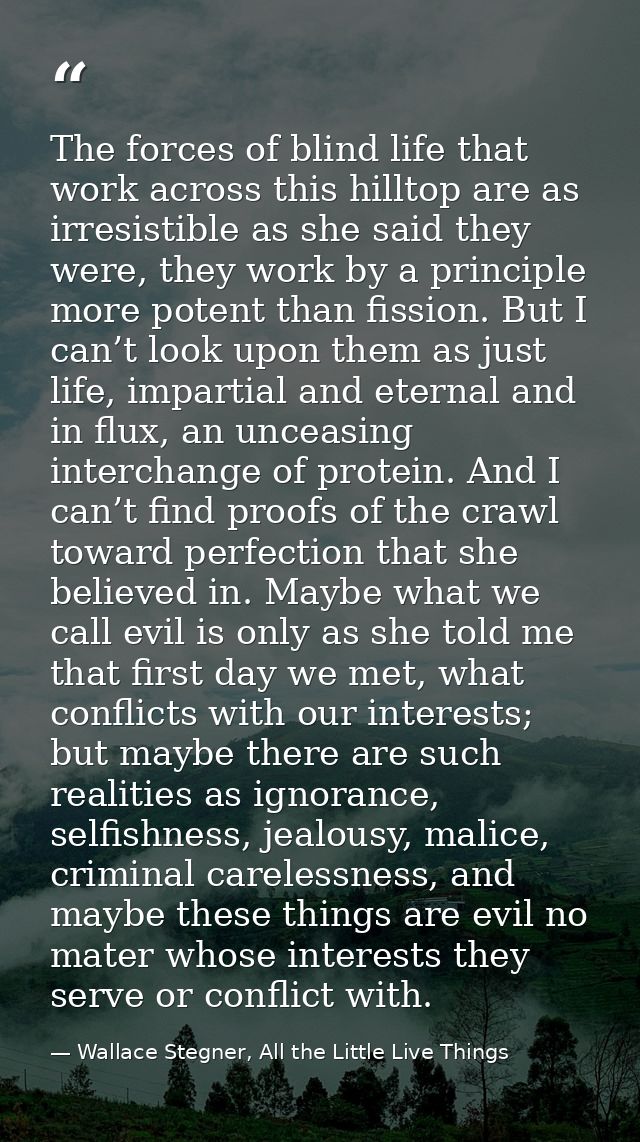 The forces of blind life that work across this hilltop are as irresistible as she said they were, they work by a princip — Wallace Stegner, All the Little Live Things