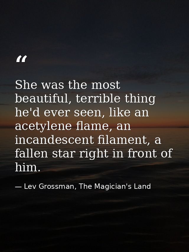 She was the most beautiful, terrible thing he'd ever seen, like an acetylene flame, an incandescent filament, a fallen s — Lev Grossman, The Magician's Land