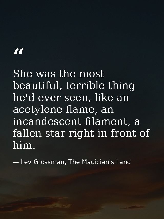 She was the most beautiful, terrible thing he'd ever seen, like an acetylene flame, an incandescent filament, a fallen s — Lev Grossman, The Magician's Land