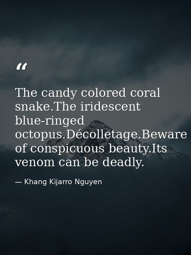 The candy colored coral snake.The iridescent blue-ringed octopus.Décolletage.Beware of conspicuous beauty.Its venom can  — Khang Kijarro Nguyen