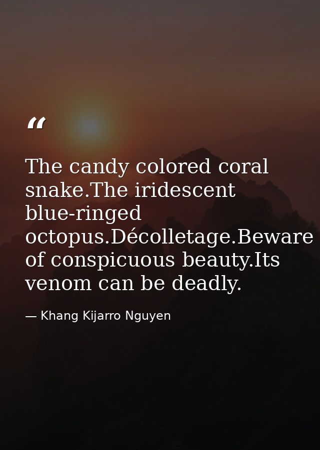 The candy colored coral snake.The iridescent blue-ringed octopus.Décolletage.Beware of conspicuous beauty.Its venom can  — Khang Kijarro Nguyen