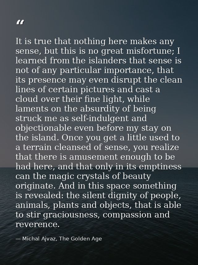 It is true that nothing here makes any sense, but this is no great misfortune; I learned from the islanders that sense i — Michal Ajvaz, The Golden Age
