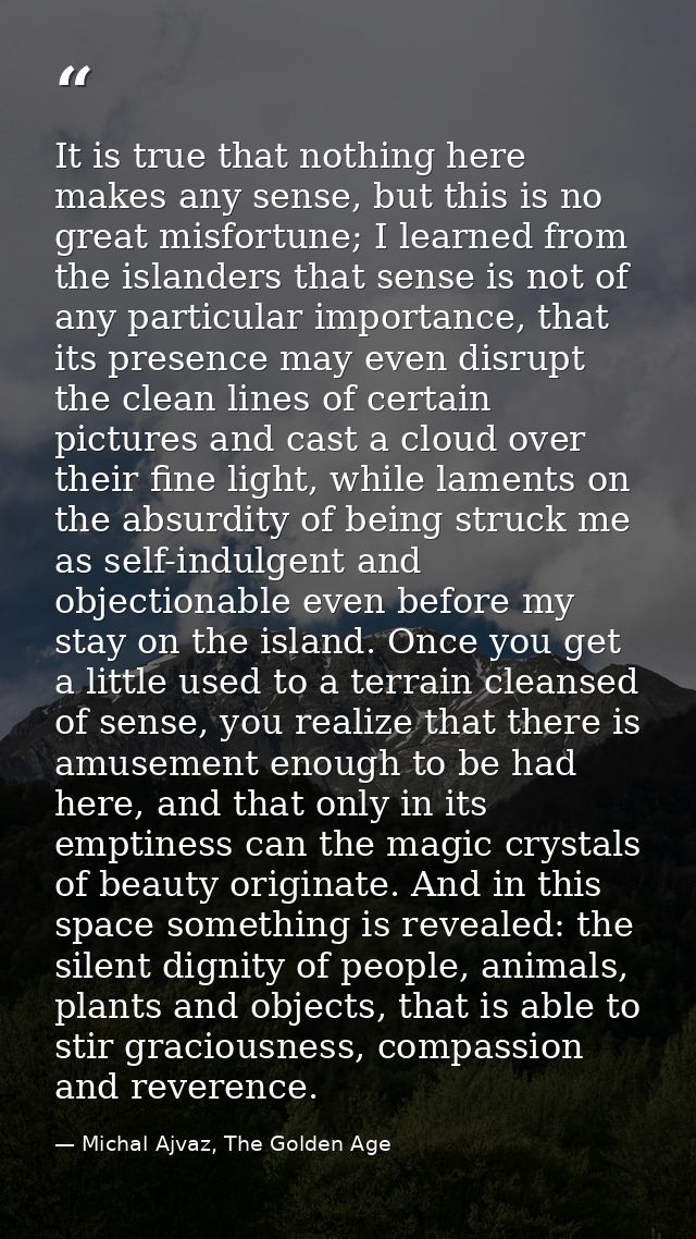 It is true that nothing here makes any sense, but this is no great misfortune; I learned from the islanders that sense i — Michal Ajvaz, The Golden Age