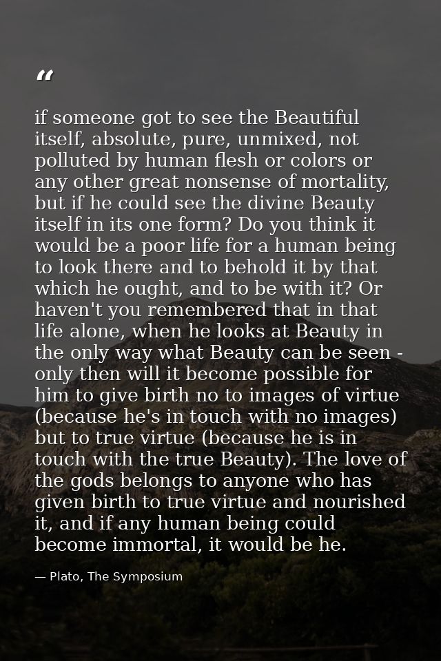 if someone got to see the Beautiful itself, absolute, pure, unmixed, not polluted by human flesh or colors or any other  — Plato, The Symposium
